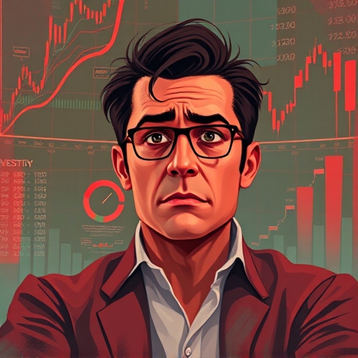 A digital art painting of a concerned investor analyzing Dogecoin price drop charts with fluctuating red and green lines in a tense market correction atmosphere