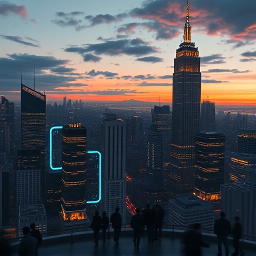 Dynamic cityscape illustrating the evolution of AI SEO tools in digital marketing landscapes