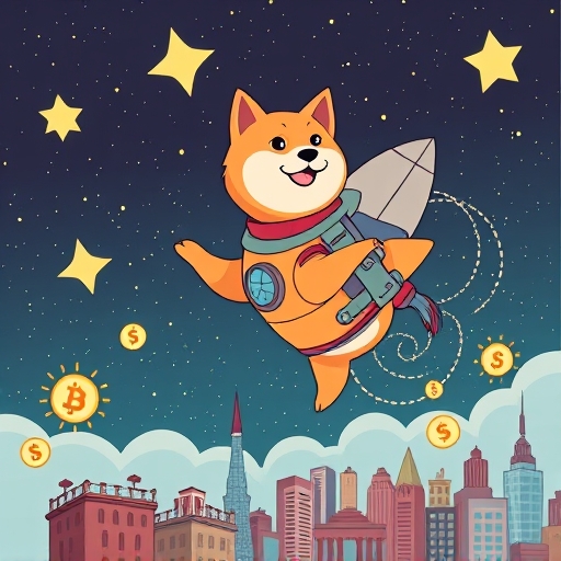 A whimsical illustration of a Shiba Inu dog wearing a rocket pack soaring through a starry sky symbolizing Dogecoin's potential price recovery and historical 2021 bull run