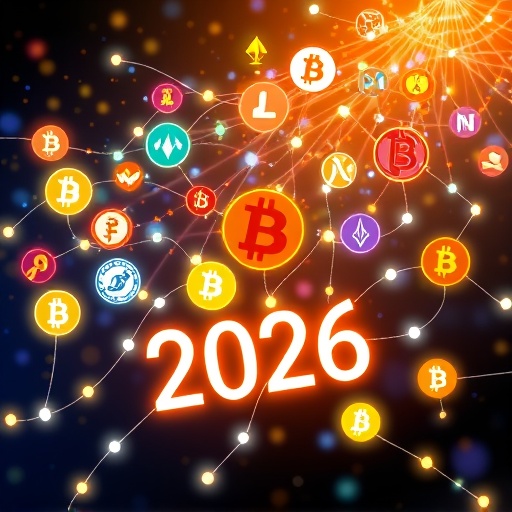 Whimsical illustration of interconnected altcoins like Solana Chainlink and Polygon symbolizing high-growth potential in long-term crypto portfolios