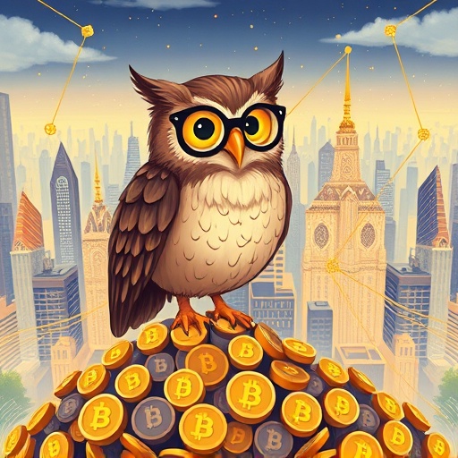 Wise owl overlooking digital coins and blockchain cityscape symbolizing Ondo Finance tokenomics and RWA governance in storybook style