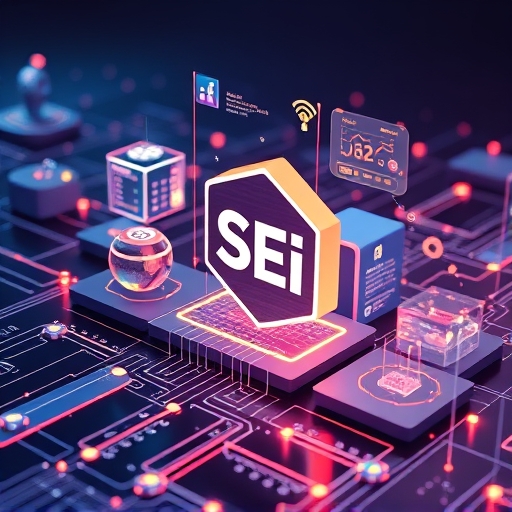 an animated scene depicting various decentralized applications seamlessly interacting on a sleek, modern blockchain interface with a prominent 'SEI' logo
