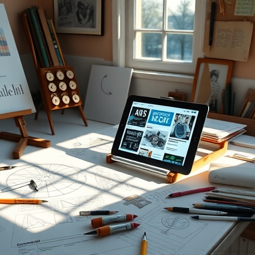 Artist's studio showcasing AI SEO content generation and optimization tools on digital interfaces