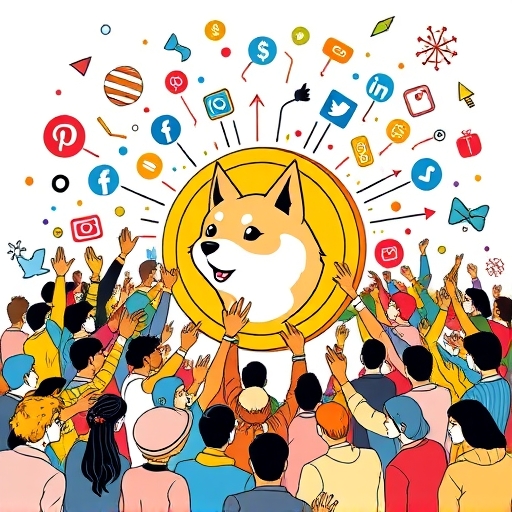 An energetic illustration of a vibrant Dogecoin community rallying around payment integrations and social media icons highlighting growth catalysts like X Twitter adoption