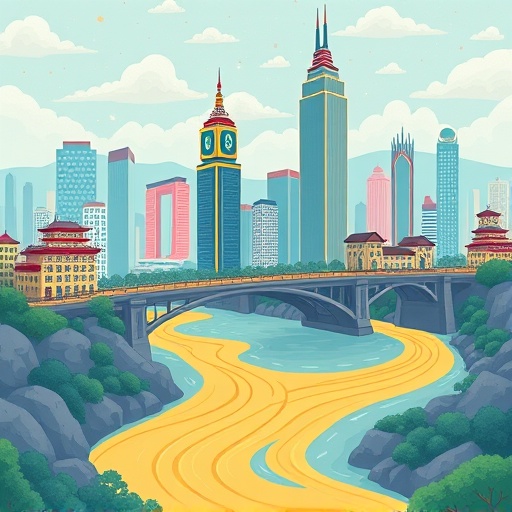 Blockchain bridge connecting traditional finance skyscrapers to decentralized nodes in a whimsical illustration representing Ondo Finance RWA tokenization