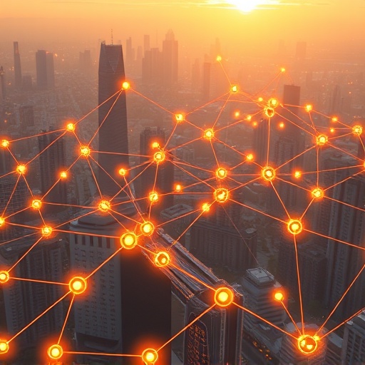 Detailed illustration of interconnected decentralized web nodes like glowing orbs in a Web5 futuristic cityscape with golden hour lighting