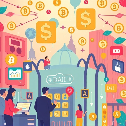 illustration of a busy decentralized finance ecosystem where users interact with smart contracts and vaults to mint DAI with a focus on transparency and financial sovereignty depicted with bright optimistic colors and clear iconographies