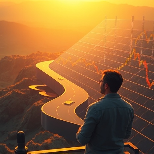 Illustration of a determined long-term crypto investor observing market charts with a strategic roadmap for sustained growth