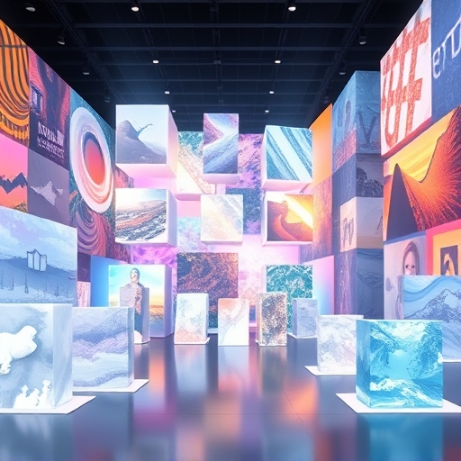 Digital art gallery showcasing best blockchains for NFT with abstract displays and shimmering blockchain elements