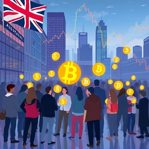 Diverse group of Australians interacting with cryptocurrency symbols in a modern cityscape featuring financial charts