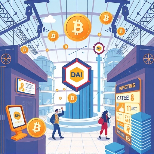 illustration of a dynamic marketplace where DAI is used for transactions and as collateral in various DeFi applications showcasing its role as a stable foundation in the crypto world with modern graphical elements and a trustworthy atmosphere