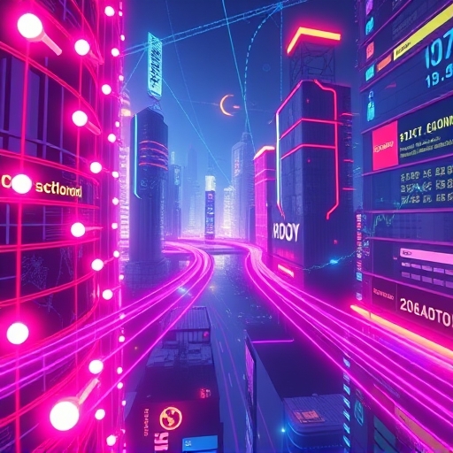 illustration of a futuristic blockchain network with glowing nodes and fast-moving data streams representing high-frequency trading in a vibrant, neon-lit cityscape