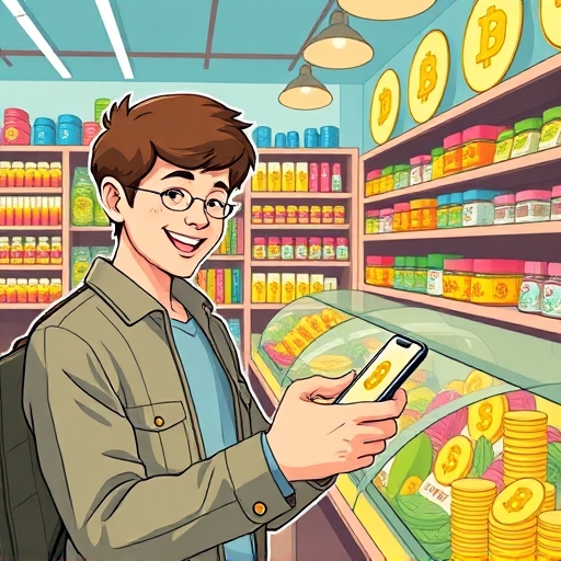 illustration of a happy person using a smartphone to pay with dogecoin at a bright colorful retail store with diverse products on display