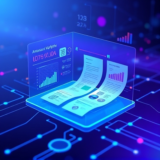 Holographic AI interface analyzing cryptocurrency whitepapers with data visualizations and trend detection for future crypto investments