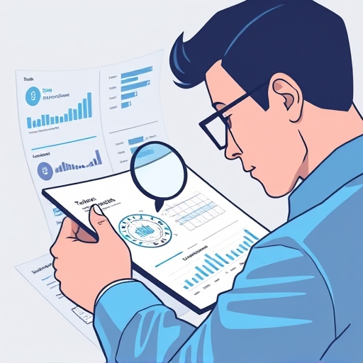 Illustration of an investor examining crypto whitepaper documents with magnifying glass on technical schematics and tokenomics charts
