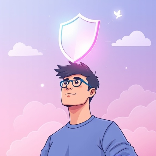 Illustration of a person confidently owning and controlling their digital identity shield in Web5, with soft pastel colors and digital clouds