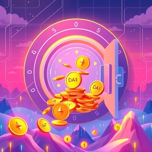 illustration of a secure digital vault with golden coins labeled DAI flowing out of smart contracts onto a vibrant Ethereum blockchain landscape with soft ethereal lighting and a gentle color palette