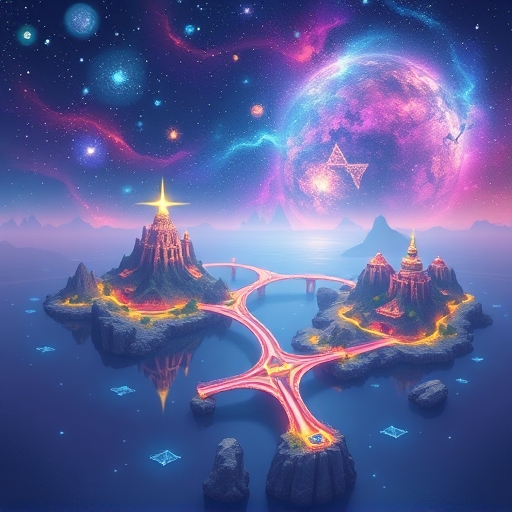 Illustration of diverse abstract blockchain islands connected by glowing bridges in Cosmos ecosystem representing blockchain interoperability