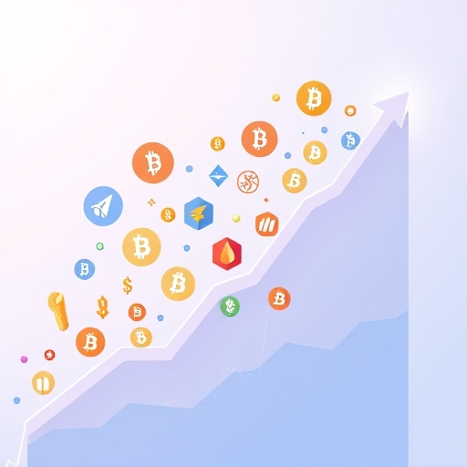 Illustration of diverse cryptocurrency symbols in dynamic upward trends ideal for crypto swing trading strategies