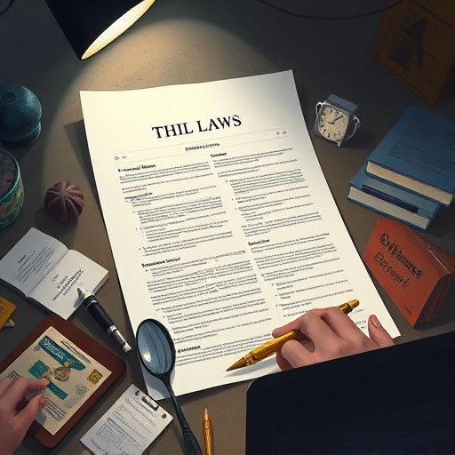 Painterly illustration of a complex legal document merged with digital NFT art, illustrating podcasts on NFT regulation, ethics, and legal landscapes