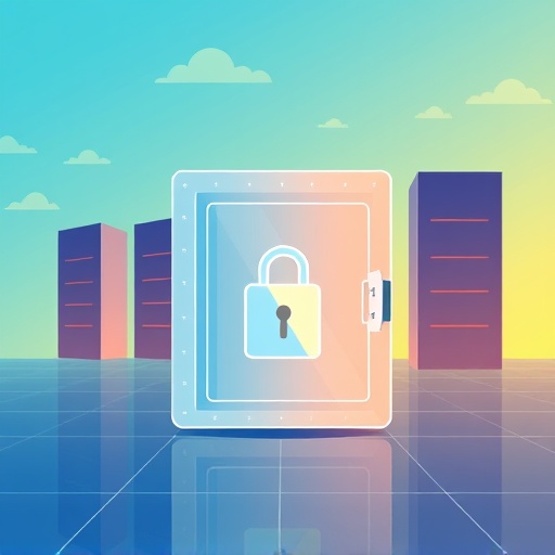 Stylized illustration contrasting a transparent user data vault secured by digital key against corporate servers in Web5 empowerment