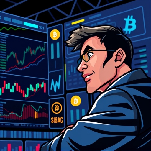Stylized illustration of a focused crypto swing trader analyzing charts for volatility and liquidity opportunities