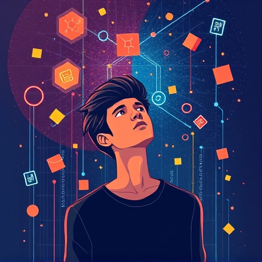Stylized illustration of a person deep in thought amid floating digital art and data streams, representing deep dives into NFT art and digital culture podcasts