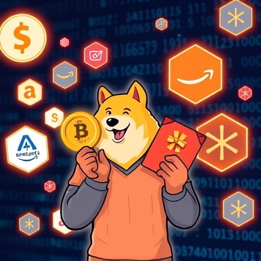 stylized illustration of a person holding a dogecoin and a gift card, surrounded by glowing icons of popular online retailers like amazon and walmart against a digital background