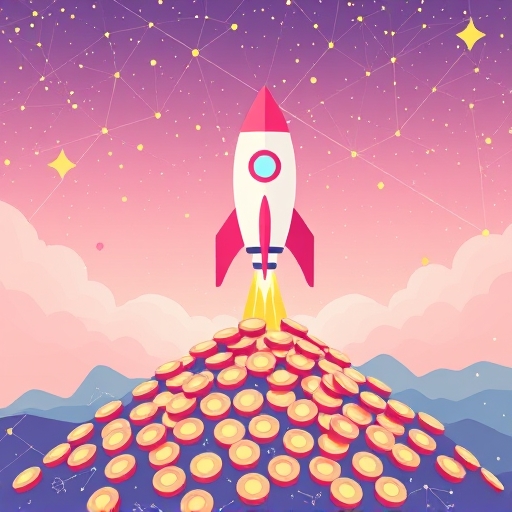 Rocket ship launching from meme coins toward starry blockchain skies, symbolizing explosive growth potential in meme coin investments
