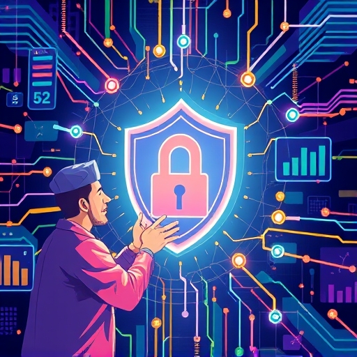 Vibrant illustration of a user managing Web5 decentralized identity with secure financial data streams and banking elements