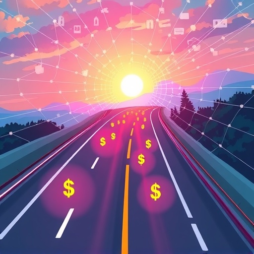 Vibrant illustration of a futuristic highway with Cronos CRO digital currency symbols racing along bypassing Ethereum congestion for high-speed low-cost blockchain transactions