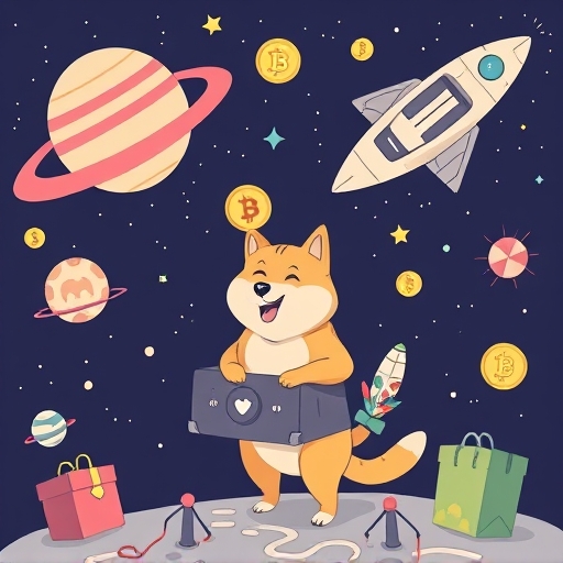 whimsical illustration of a space-themed payment processor seamlessly converting dogecoin into various digital and physical goods with a cheerful doge mascot overseeing the transaction