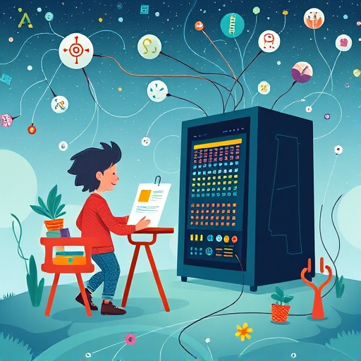 Whimsical illustration of artists accessing Render Network's decentralized GPU power for seamless 3D rendering and AI computation