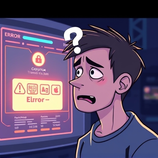 A distressed person staring at a glowing digital interface showing a crypto transaction error with a question mark above their head, illustrating wrong crypto address panic