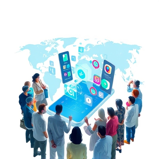 A diverse group of people from around the world gathered around a glowing holographic smartphone displaying various crypto mining app icons, signifying global accessibility and community engagement