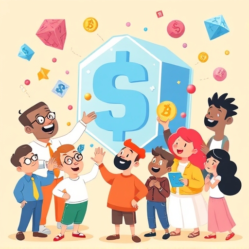 Diverse stylized characters engaging with digital assets and blockchain ledger in cryptocurrency investment illustration