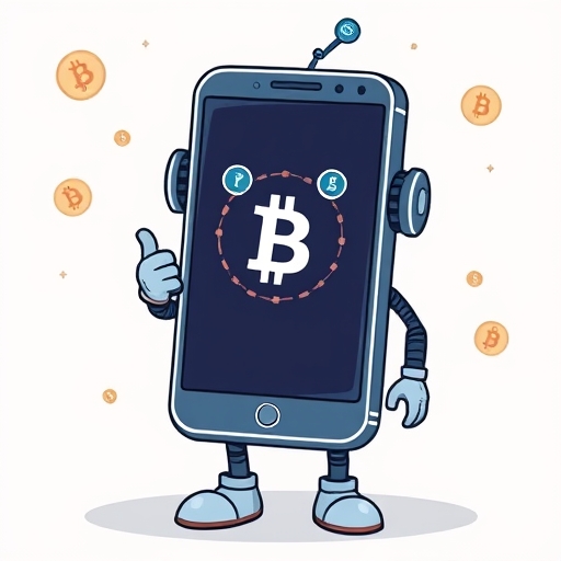 Friendly cartoon robot pointing to mobile phone screen with Webull crypto assets and blockchain icons for easy recovery guide