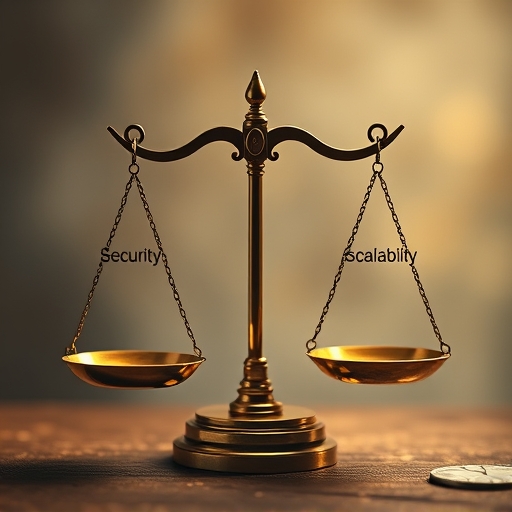 A metaphorical scale balancing weights labeled security, decentralization, and scalability to illustrate the Layer 1 blockchain scalability trilemma with soft ambient lighting and warm tones