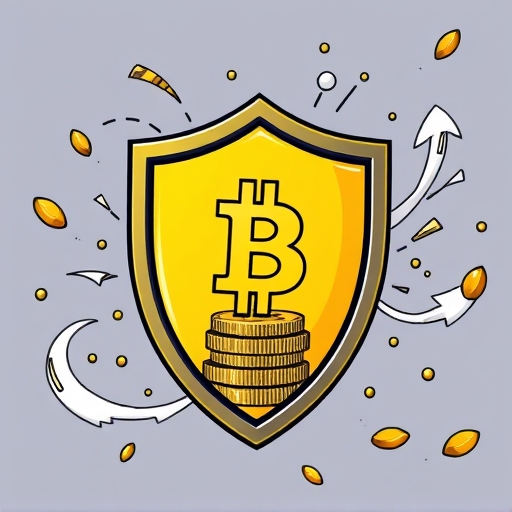 Protective shield guarding golden bitcoins against cryptocurrency market volatility in bold graphic style