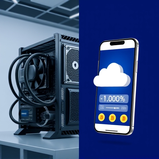 A split image showing a traditional, powerful mining rig contrasted with a stylized smartphone running a cloud mining simulation, emphasizing the shift and accessibility of modern mobile mining solutions