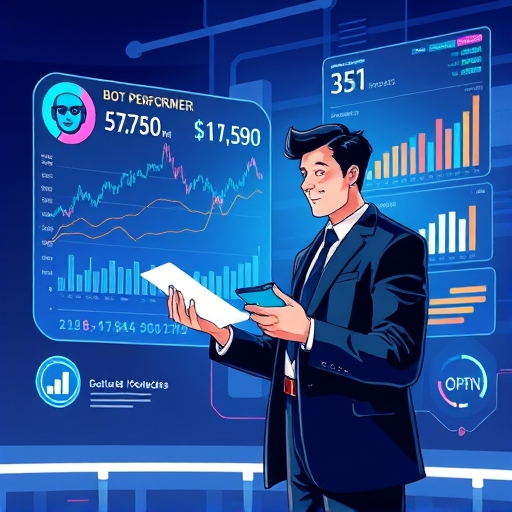 A stylized illustration of a trader confidently using a crypto trading bot interface with holographic charts and performance metrics for efficient automated trading