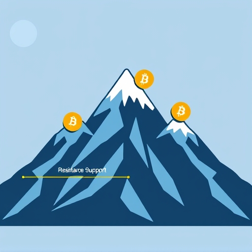 Stylized Bitcoin chart with mountain peaks as support and resistance levels, moving averages, and RSI indicators for technical analysis in crypto trading