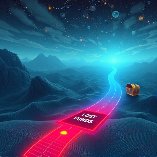 A vast digital landscape with glowing pathways, one red path to lost funds dead end and blue to recovery treasure chest, symbolizing crypto network transfer choices