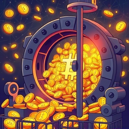 Whimsical illustration of a digital vault overflowing with glowing cryptocurrency coins representing Total Value Locked (TVL) in DeFi protocols