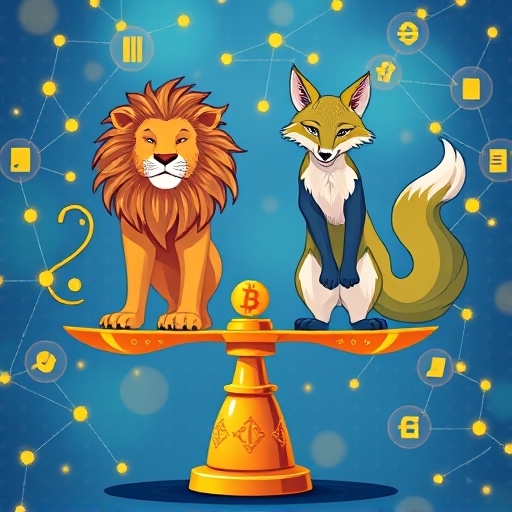 Lion representing gold versus digital fox Bitcoin on a market cap seesaw with blockchain nodes, illustrating Bitcoin's potential to surpass gold's value