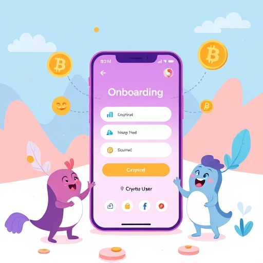 Whimsical illustration of smooth crypto app onboarding for beginners with guided steps and secure setup in 2026