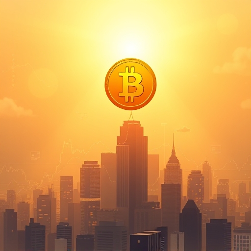Ethereal golden Bitcoin coin rising above cityscape with digital charts symbolizing scarcity-driven financial growth and Bitcoin's path to $1 million valuation