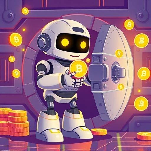 Friendly robot illustration strategically securing cryptocurrency in a digital vault emphasizing API security and safe crypto trading bot setup