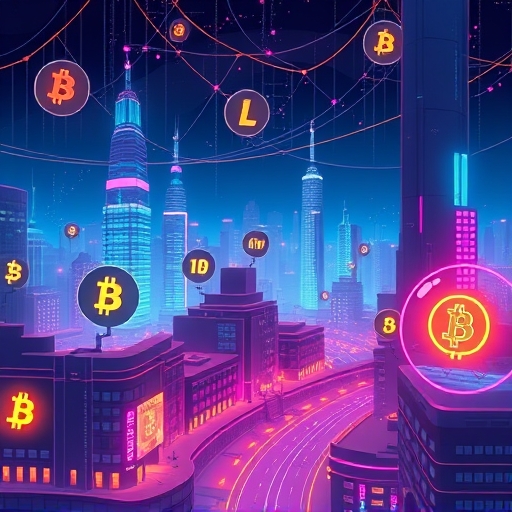 Vibrant digital cityscape illustrating cryptocurrency evolution, decentralized finance, and Web3 technologies in a futuristic neon glow