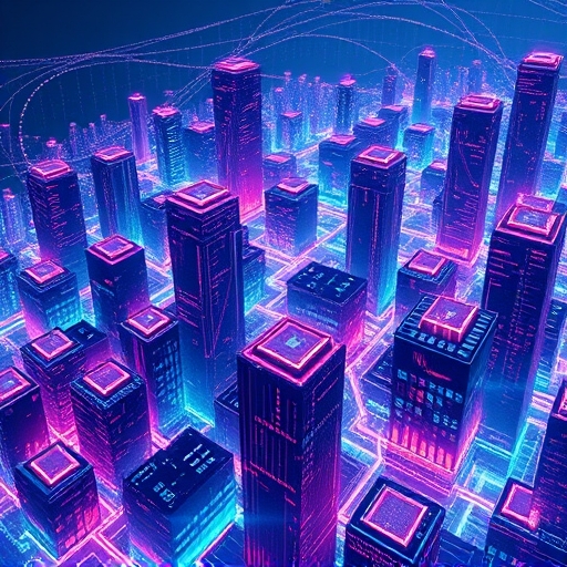An intricate digital cityscape built on interlocking blockchain blocks representing Layer 1 blockchain as the foundational layer of decentralized applications with glowing data streams and vibrant futuristic colors